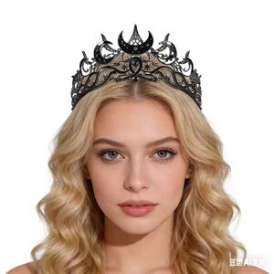 Vintage Black Crescent Moon Filigree Crown - Women Accessories